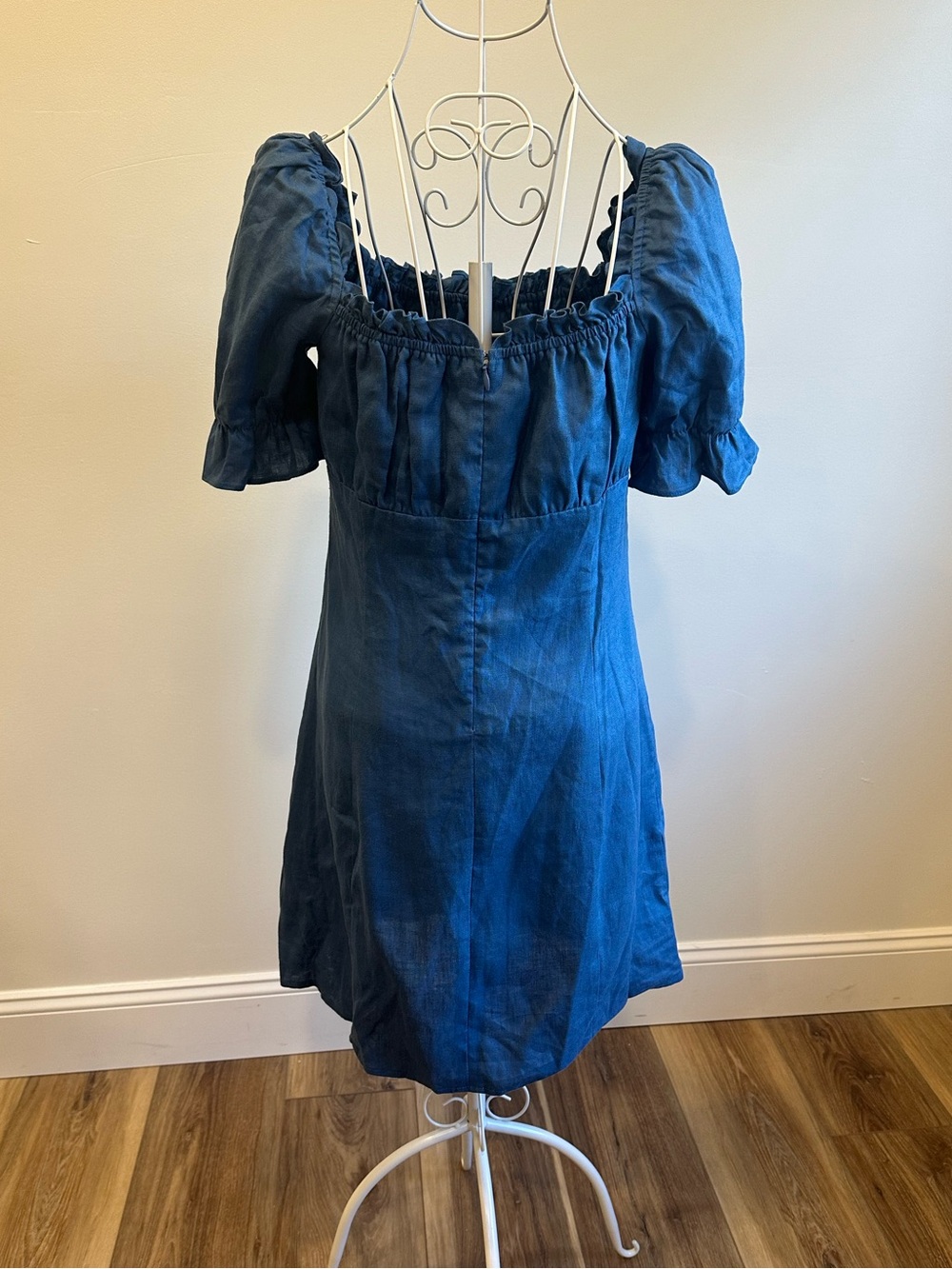 NWT Reformation Robles Linen Mini Puff Sleeve Dress Azul Sz 8 $198 - Picture 4 of 11